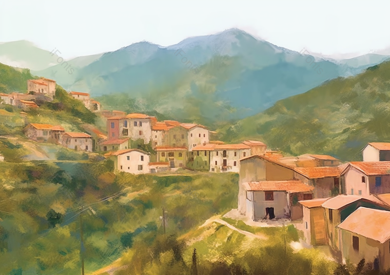 坐落于山林之间的房屋油画山里村庄手绘插画背景,插画/手绘图,插画/手绘图库,插画/手绘图下载,插画/手绘
